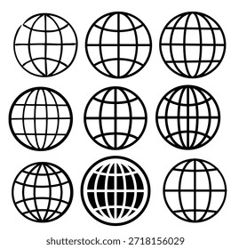 Iconos de red de globo mínimos que representan la comunicación global y la conectividad mundial. Perfecto para la tecnología de Internet, negocios internacionales y proyectos de diseño digital moderno.