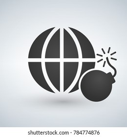 minimal globe icon with bomb, no to terrorism, exploding, nuclear, vector illustration