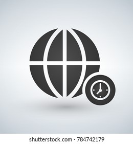 minimal globe icon with clock in circle, vector illustration