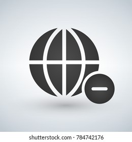 minimal globe icon with delete minus in circle, vector illustration