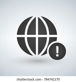 minimal globe icon with exclamation mark in circle, vector illustration