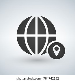 minimal globe icon with gps location in circle, vector illustration