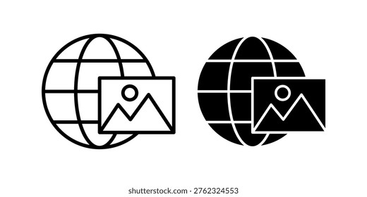Minimal globe icon with image symbol representing photography gallery media sharing and visual content suitable for social media platforms creative portfolios and digital communication