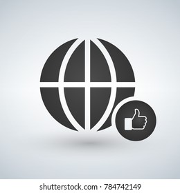 minimal globe icon with like hand in circle, vector illustration