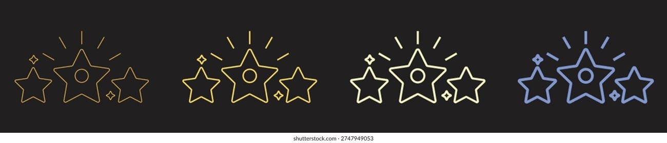 Minimal glowing star rating line icons set in gradient colors on dark background representing review, feedback, customer satisfaction, quality rating and evaluation concept