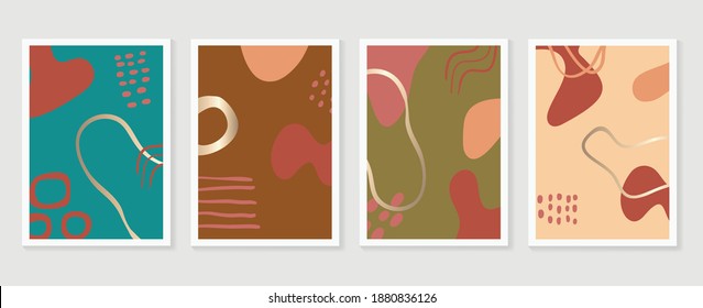 Minimal and Gold abstract wall arts vector collection.  Soft earth tones color, Organic shape hand draw arts brush design for wall framed prints, canvas prints, poster, home decor, cover, wallpaper. 