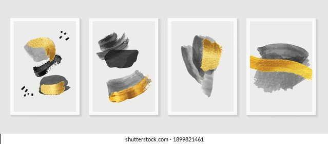 Minimal and Gold abstract wall arts vector collection.  Soft earth tones color, Organic shape hand draw arts brush design for wall framed prints, canvas prints, poster, home decor, cover, wallpaper. V