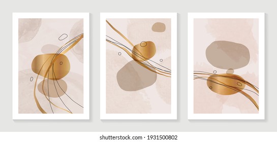 Minimal and Gold abstract wall arts vector collection.  Soft earth tones color, Organic shape hand draw arts brush design for wall framed prints, canvas prints, poster, home decor, cover, wallpaper. V