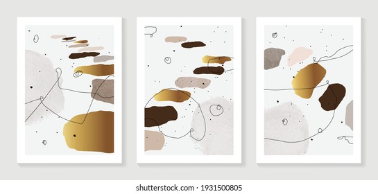 Minimal and Gold abstract wall arts vector collection.  Soft earth tones color, Organic shape hand draw arts brush design for wall framed prints, canvas prints, poster, home decor, cover, wallpaper. V