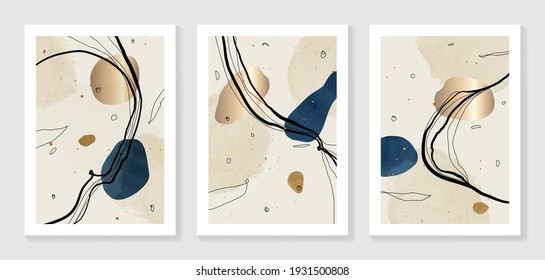 Minimal and Gold abstract wall arts vector collection.  Soft earth tones color, Organic shape hand draw arts brush design for wall framed prints, canvas prints, poster, home decor, cover, wallpaper. V