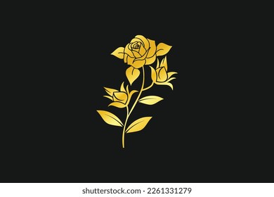 Minimal Gold Botanical rose flower and leaf hand drawn vector