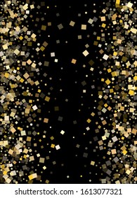 Minimal gold confetti sequins sparkles scatter on black. Rich New Year vector sequins background. Gold foil confetti party glitter illustration. Light dust sparkles party background.