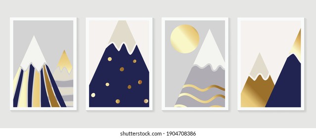 Minimal Gold mountain abstract wall arts background vector collection.  blue and golden tones color wallpaper.