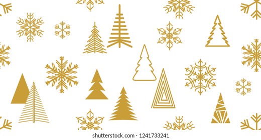 Minimal golden Christmas seamless pattern with geometric motifs. Snowflakes and spruces with different ornaments. On white background.