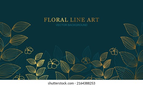 Minimal golden green tropical leaves line art vector background