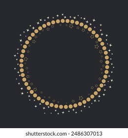 Minimal golden round frame with circles and stars. Vector decorative element, modern geometric frame with circles and stars silhouettes.