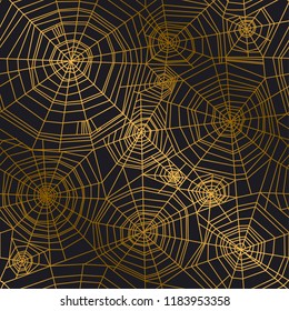 Minimal golden spider web seamless pattern for Halloween design. Simple line art elegant net repeatable motif for wrapping paper, fabric, surface design
