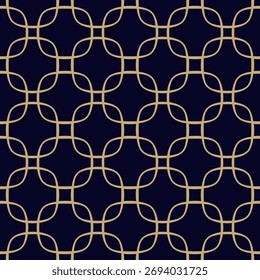 Modelo inconsútil geométrico abstracto del Vector dorado mínimo en estilo oriental. Ornamento de lujo simple con líneas curvas, rejilla, red, celosía. Fondo de contorno dorado y negro. Diseño de lujo repetido
