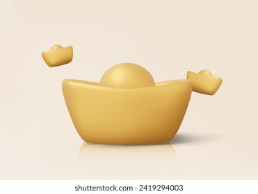 Mínimo yuan dorado bao china festival de año nuevo asiático cultura oriental de la moneda sobre fondo beige. El oro chino ingiere el símbolo del icono del vector 3D prosperidad riqueza de tesoros premium. 3.ª representación