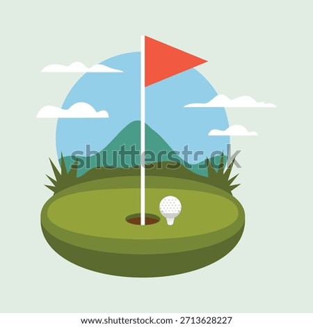 Minimal Golf Green Course Concept Vector Design isolated white background, Golf Sport Background with Flagstick and Ball