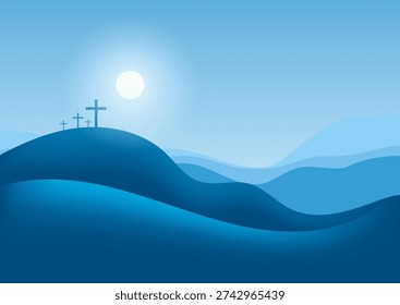 Minimal Good Friday background with crosses in a blue landscape