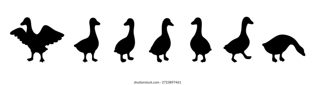 Siluetas de ganso mínimas en posiciones de pie y caminando. Icono de Vector de dibujos animados
