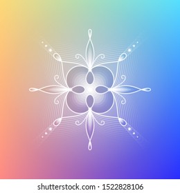 Minimal gradient background; Sacred geometry design; Decorative shiny flower; Energy and vibration of calm; Mindfulness and zen; Vector illustration.