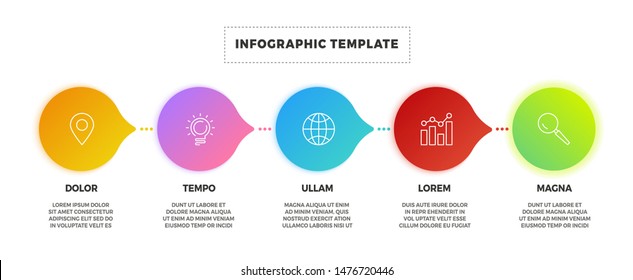 Minimal gradient circle infographic template. Vector infograph timeline 5 options or steps with flowchart, graph process sequence