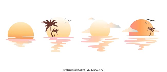Minimal gradient Sunset Sun Reflection Over Sea Vector Icon Set