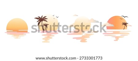 Minimal gradient Sunset Sun Reflection Over Sea Vector Icon Set