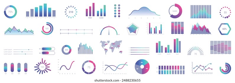 Minimal graph ui icons set. Set of colorful charts and graphs is representing positive business data analysis