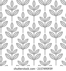 Minimal graphic branches with leaves vector seamless pattern on white background. Floral leaf ornament wallpaper. Botanical geometric backdrop. Template for print, design, banner or card.