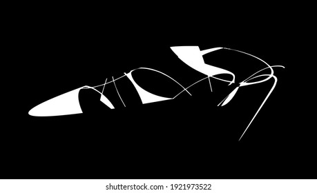 Minimal graphic design of woman shoe with heel. Original vector drawing of footwear. Abstract pattern with curves and loops. Dynamic geometrical background for modern technology and fashion industry.