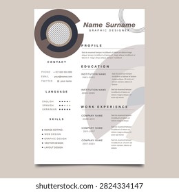 Minimal Graphic Designer Resume CV Template with Professional Clean Layout. Modern and minimalist graphic designer resume CV template featuring a clean professional layout with dedicated sections for profile, contact information, skills, education, work experience, and languages. Fully editable A4 curriculum vitae designed for graphic designers, creative professionals, freelancers, and portfolio-based job applications. Suitable for print and digital presentations, career development, and personal branding.