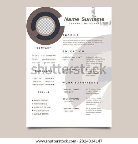 Minimal Graphic Designer Resume CV Template with Professional Clean Layout. Modern and minimalist graphic designer resume CV template featuring a clean professional layout with dedicated sections for profile, contact information, skills, education, work experience, and languages. Fully editable A4 curriculum vitae designed for graphic designers, creative professionals, freelancers, and portfolio-based job applications. Suitable for print and digital presentations, career development, and personal branding.