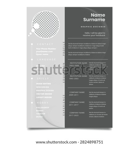 Minimal Graphic Designer Resume CV Template with Professional Modern Layout. Modern and minimalist graphic designer resume CV template featuring a clean professional layout with dedicated sections for profile, contact information, professional skills, hobbies, education, work experience, and languages. Fully editable A4 curriculum vitae designed for graphic designers, creative professionals, freelancers, and portfolio-based job applications. Ideal for print and digital presentations, career development, and personal branding.