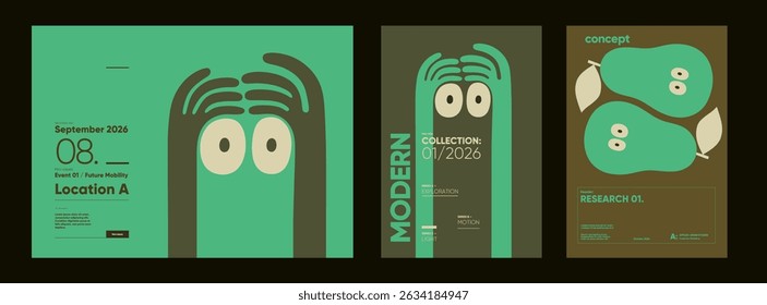 Cartazes gráficos mínimos com figuras verdes divertidas e dados de eventos, mesclando humor, formas abstratas e composições tipográficas modernas.