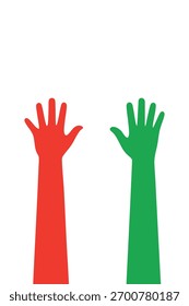 Un gráfico mínimo de dos manos levantadas, una roja y otra verde sobre un fondo blanco, colores planos y líneas limpias