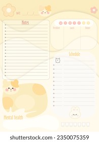 Minimal graphics kawaii art style notebook inspiration elements for school cartoon tee yellow background schedule notes with cats, menu breakfast snacks lunch dinner 