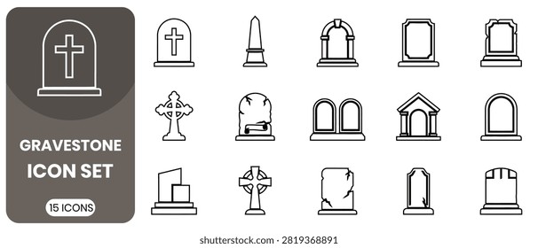 Minimal gravestone icons set with various tomb symbols and designs