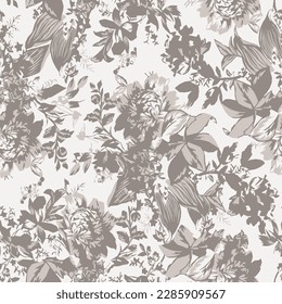 Minimal gray beige abstract floral print pattern seamless texture .Flowers tapestry. Earthy color. linen textile background. Monochrome organic shadow silhouette. Simple tropical allover