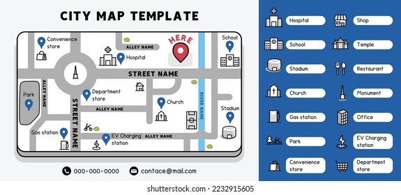 minimal gray city map template design for edit vector kawaii doodle flat cartoon