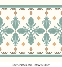 Minimal Greek Florals With Ancient Green And Shades of Gold on Light Beige Background Seamless Pattern. Luxury Minimal Border Design for Fabrics Textiles Brocade Jacquard Silk Embroidery Border Scarf