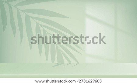 Minimal green botanical background,Palm leaf shadow,window light on podium and green wall,Studio room for backdrop Organic skincare mockup,Spa branding,Spring,Summer promotion,Eco-friendly product 