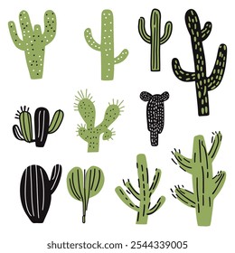 Conjunto de cactus verde mínimo en ollas simples Ilustración vectorial plana