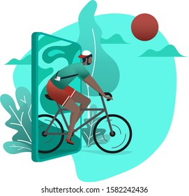 Minimal green color modern design of a man while ridding bycicle came out from the mobile phone which show green landscape view of  minimal tree design
