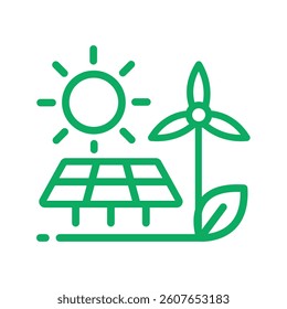 Minimal Green Energy Icon – Black Outline Design with Solar Panel, Wind Turbine, Sun, and Leaf Representing Sustainability on White Background