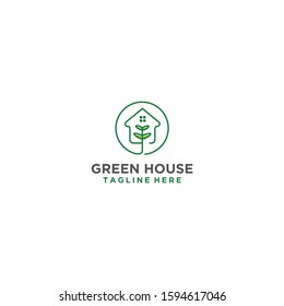 Minimal green house with leaf vector logo design concept.