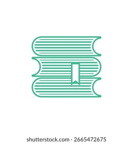 Minimal green icon depicting three horizontally layered books with a central bookmark, rendered on a clean white backdrop.