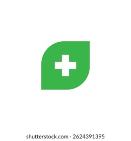 Minimal green medical leaf logo with a white cross symbol in the center, representing health, wellness, eco-friendly care, and organic or natural medicine concepts.